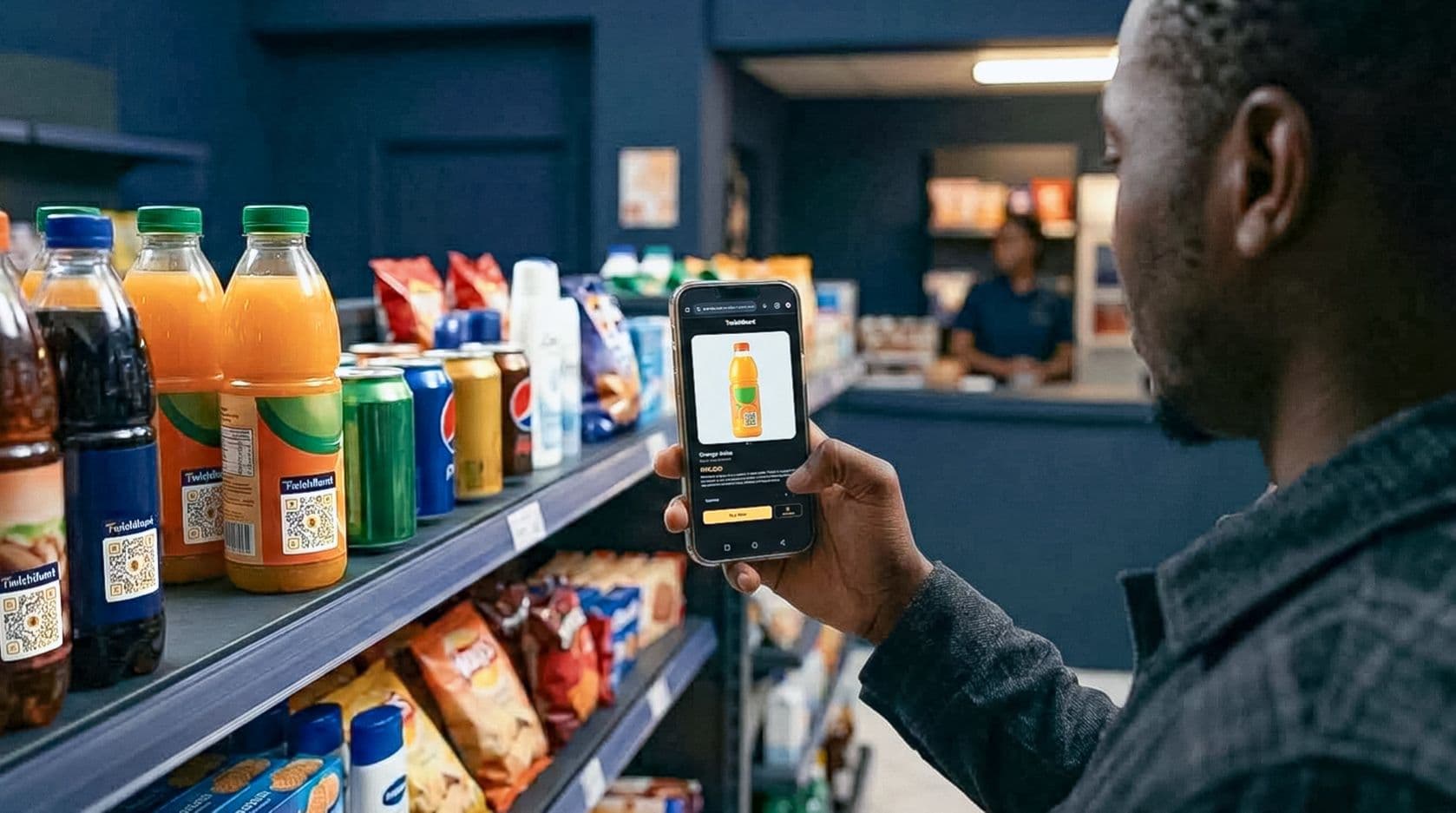 Shopper scanning a product QR code to check out